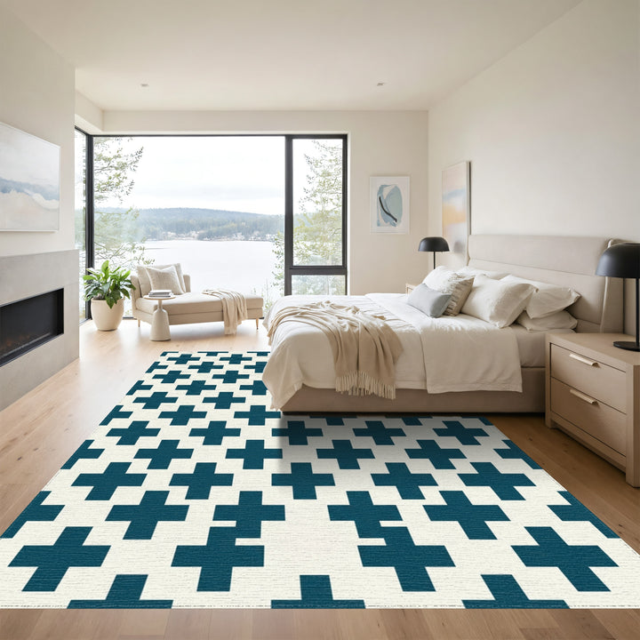 Deep Teal Plus Sign Grid Rug