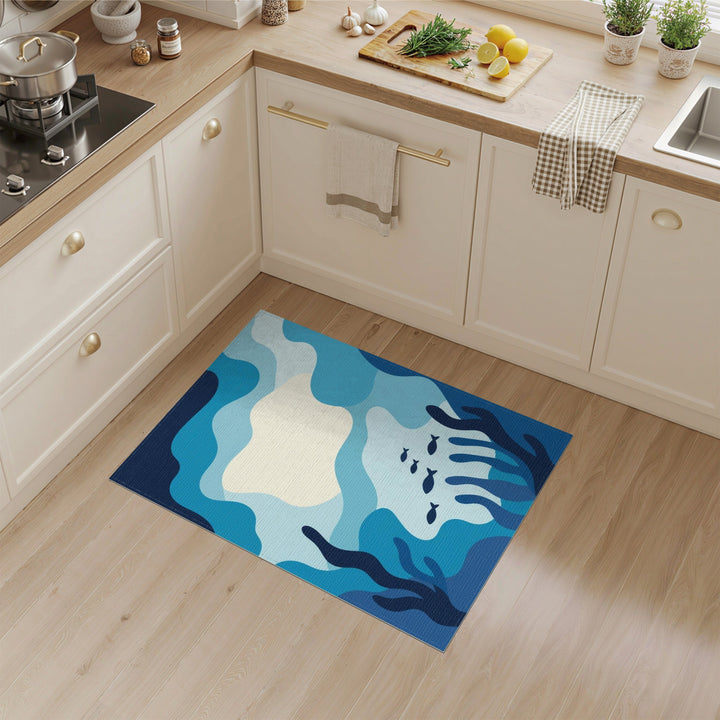 Blue Ocean Waves Fish Area Rug