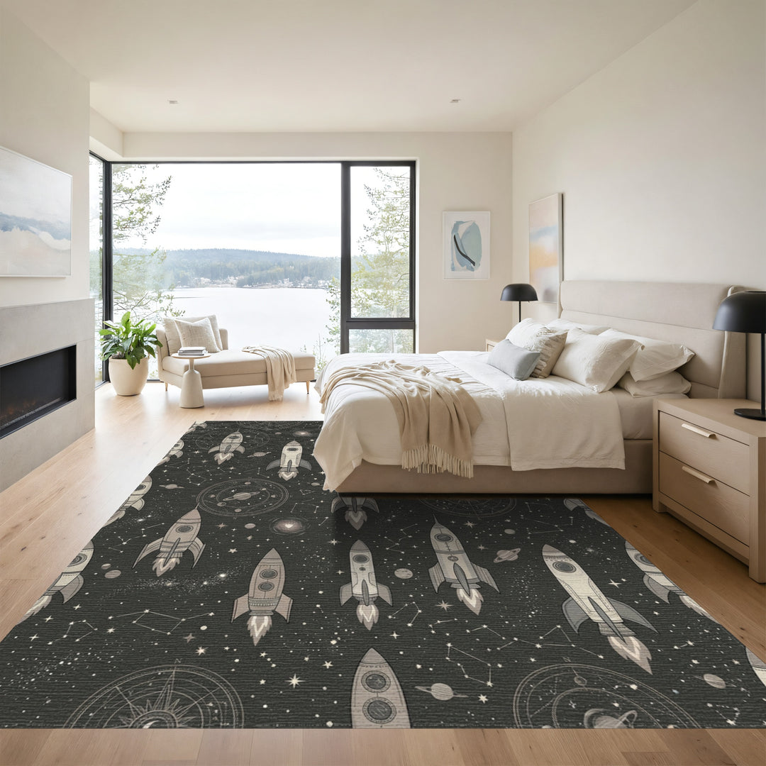 Retro Grey Spaceship Constellation Starfield Rug