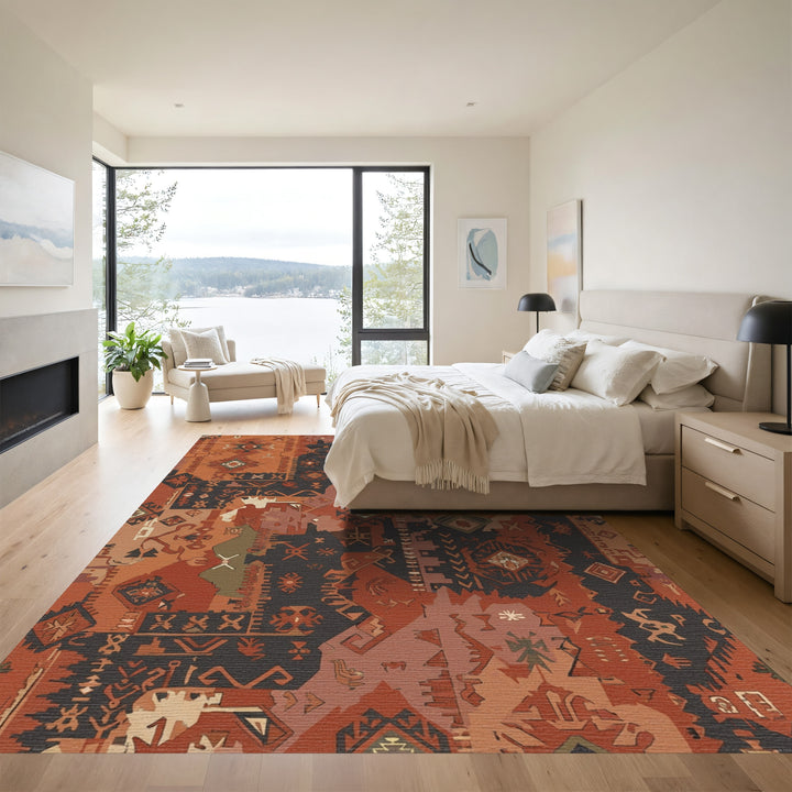 Earthy Ochre Abstract Tribal Patchwork Rug