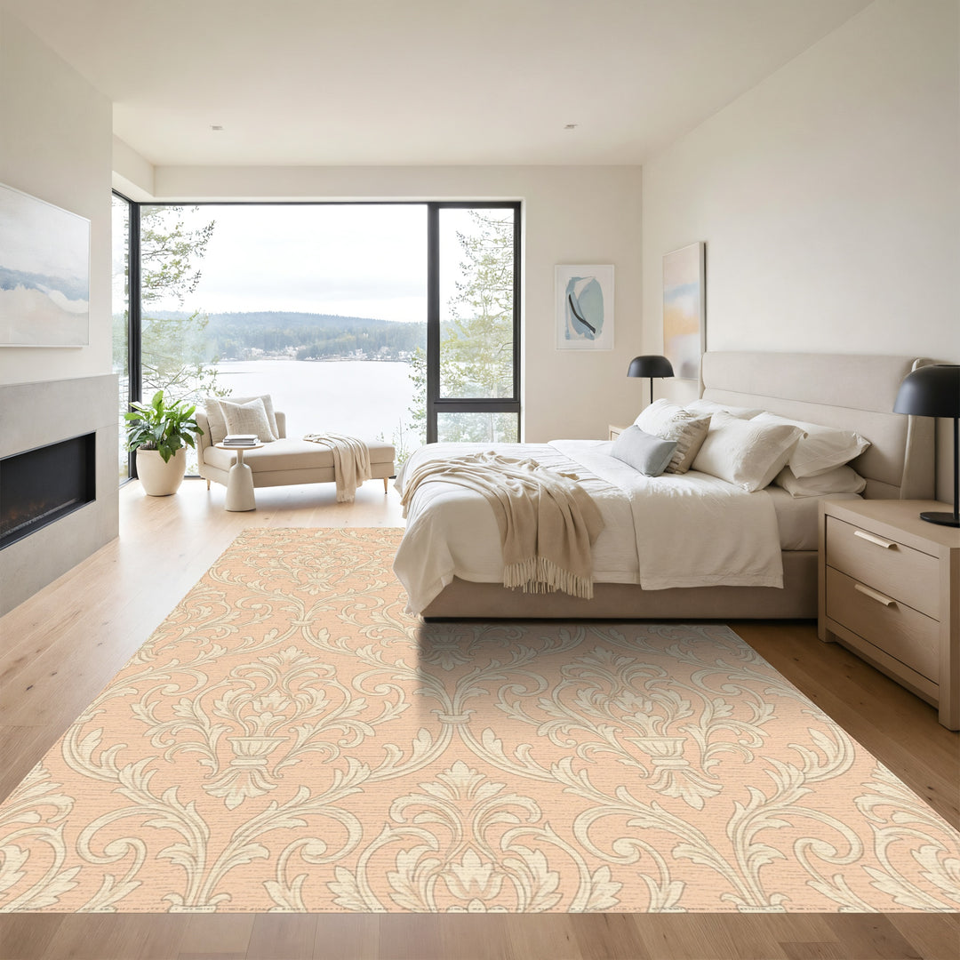 Pale Peach Damask Scrollwork Rug