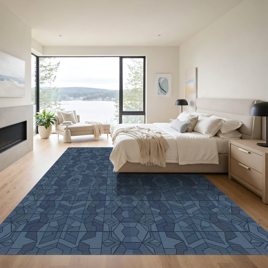 Deep Blue Geometric Illusion Tile Rug