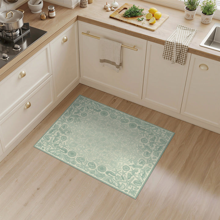 Blue and Teal Coastal Seashell and Starfish Area Rug