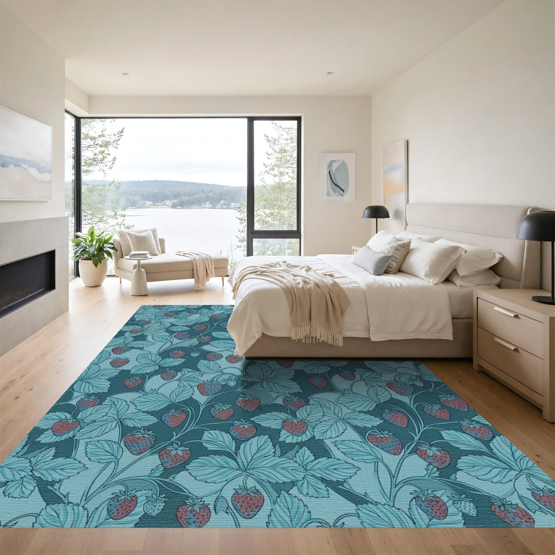 Teal Strawberry Vine Botanical Medallion Rug