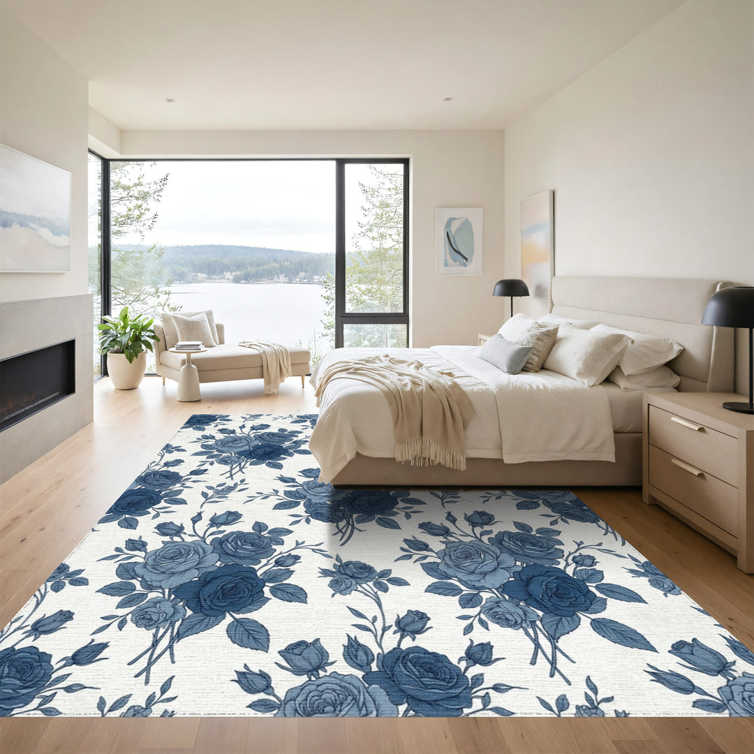 Indigo Blue Rose Bouquet Vintage Rug
