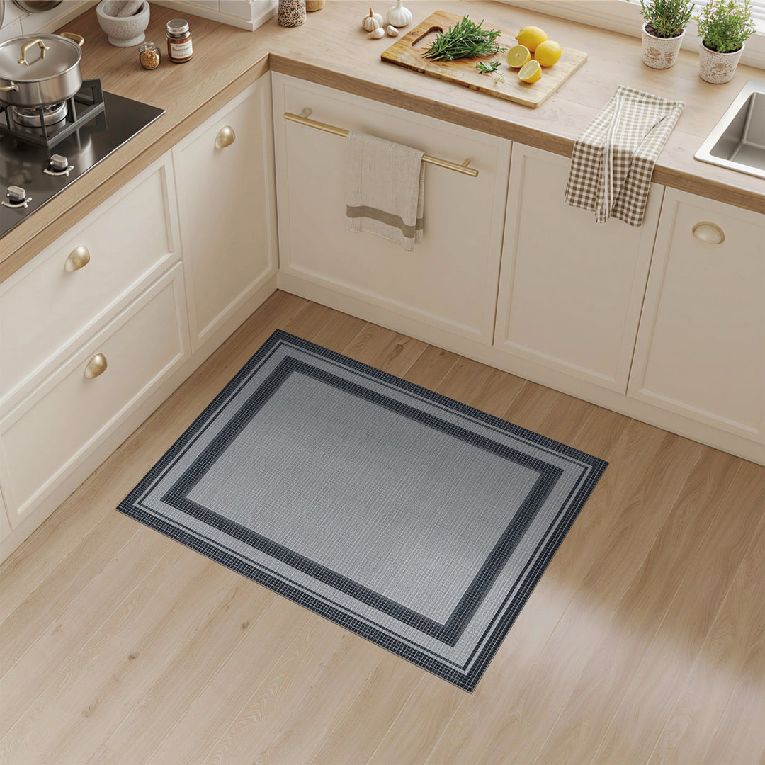 Black White Geometric Border Rug