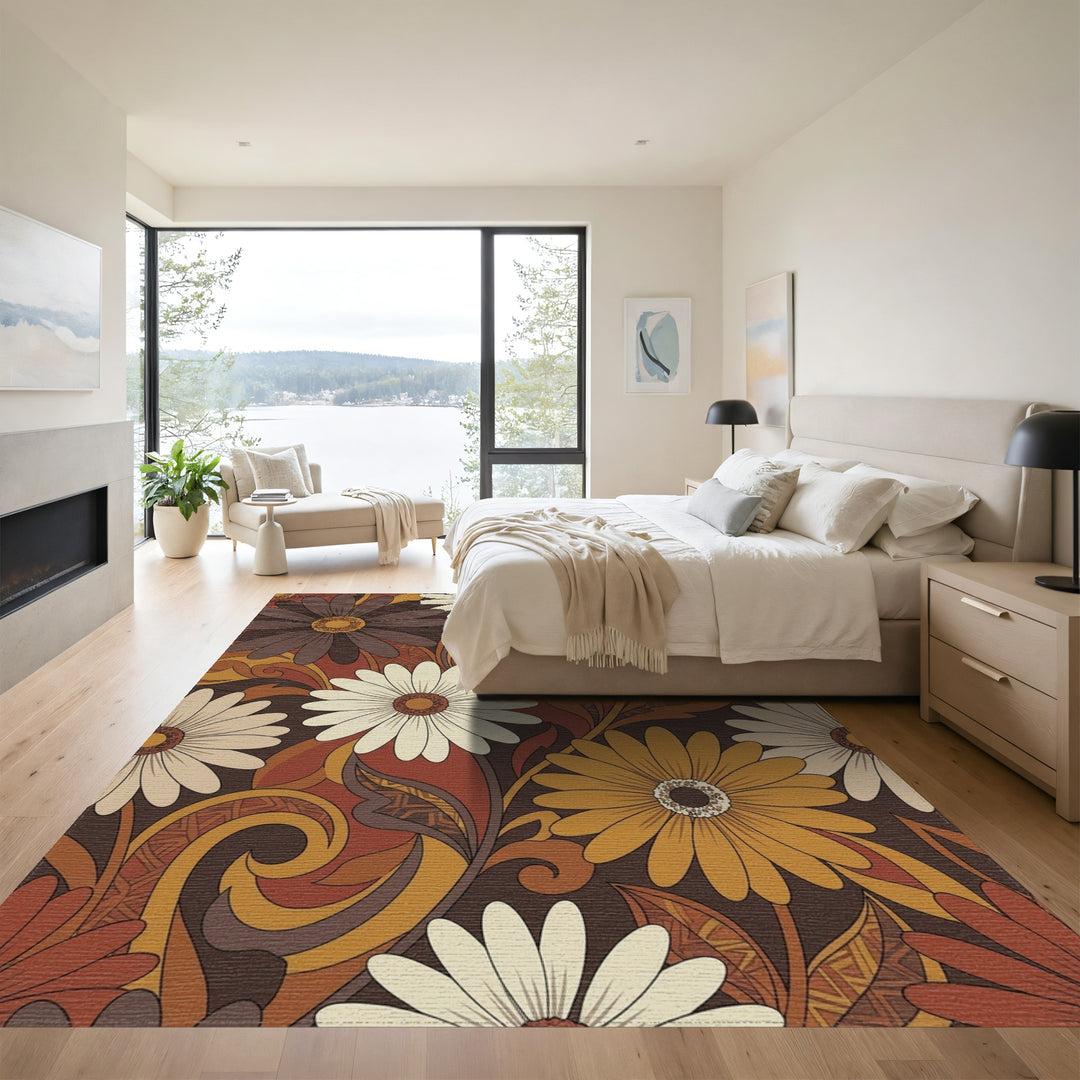 Retro Earthy Tone Floral Daisy Rug