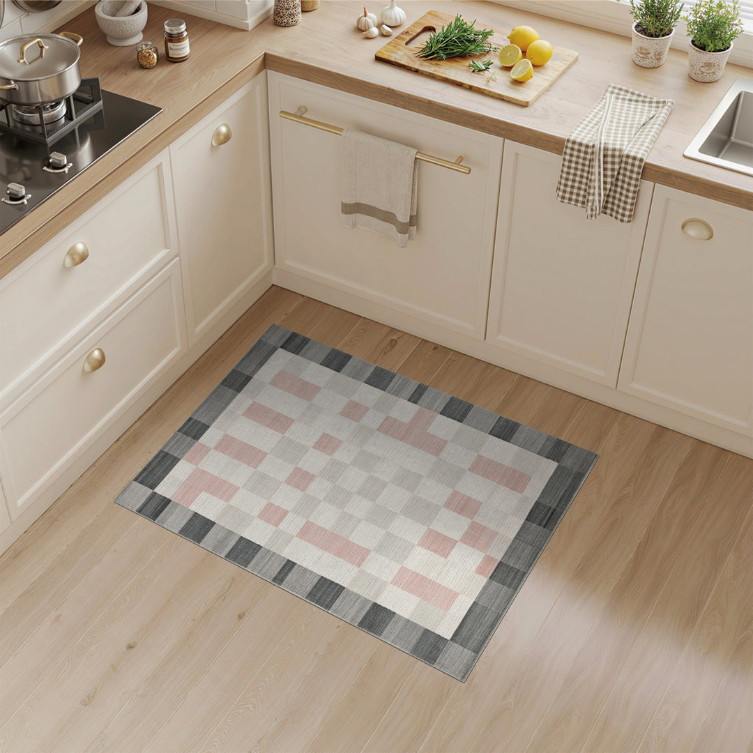 Grey Pink Checkered Geometric Area Rug