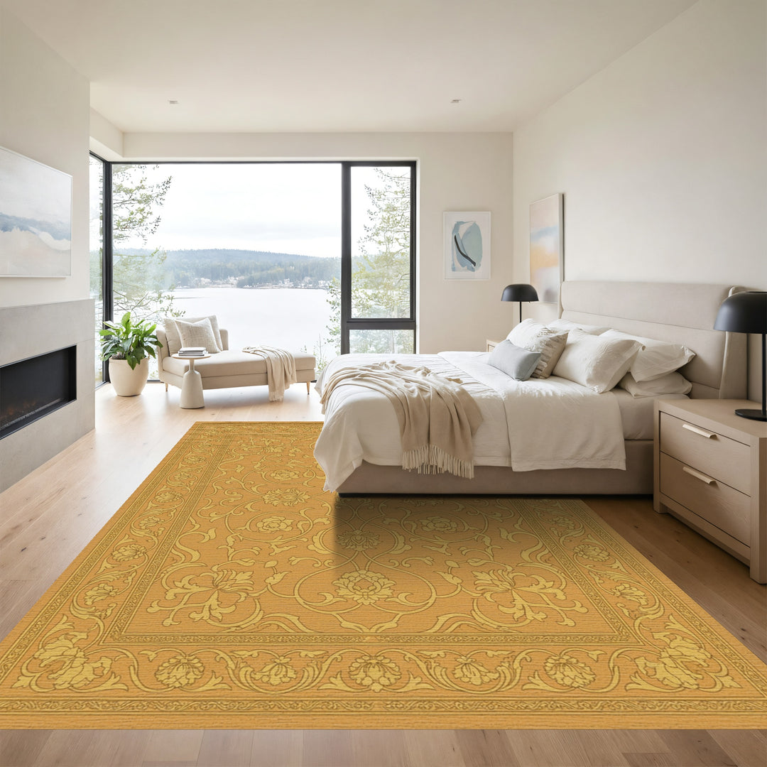 Golden Floral Arabesque Scroll Rug