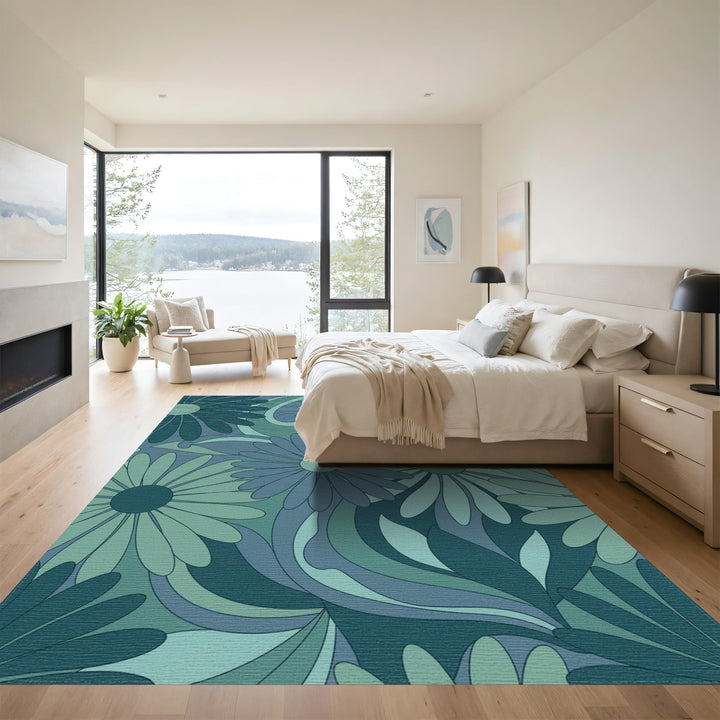 Retro Blue Green Floral Swirl Rug