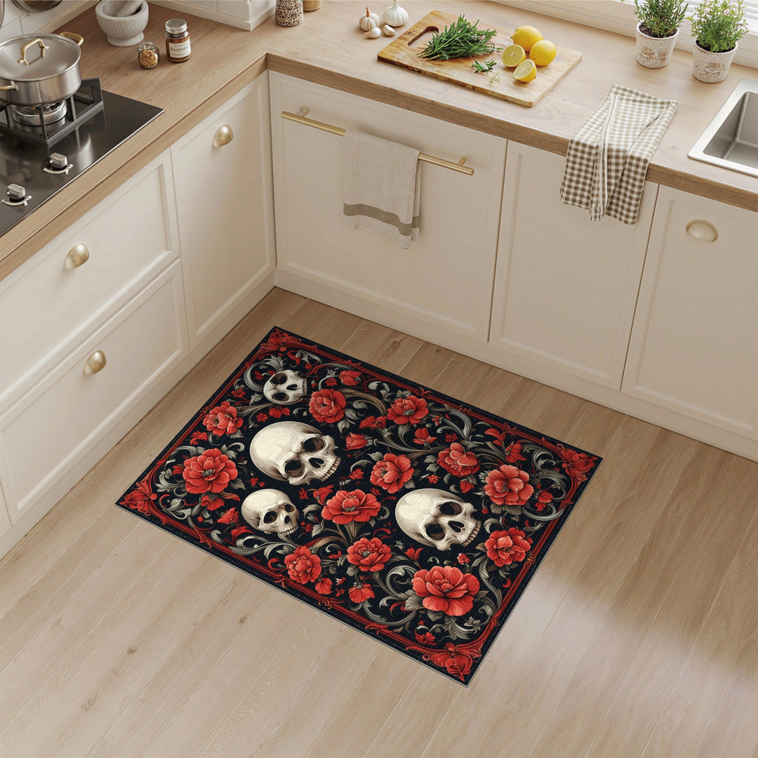 Gothic Skull Red Floral Area Rug