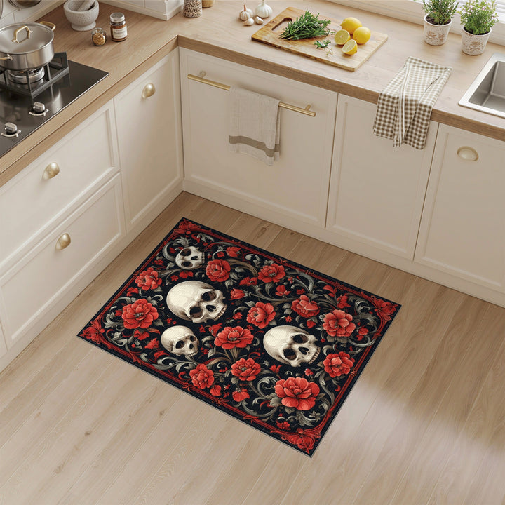 Gothic Skull Red Floral Area Rug