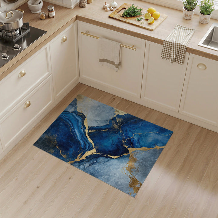 Blue Gold Abstract Marble Area Rug