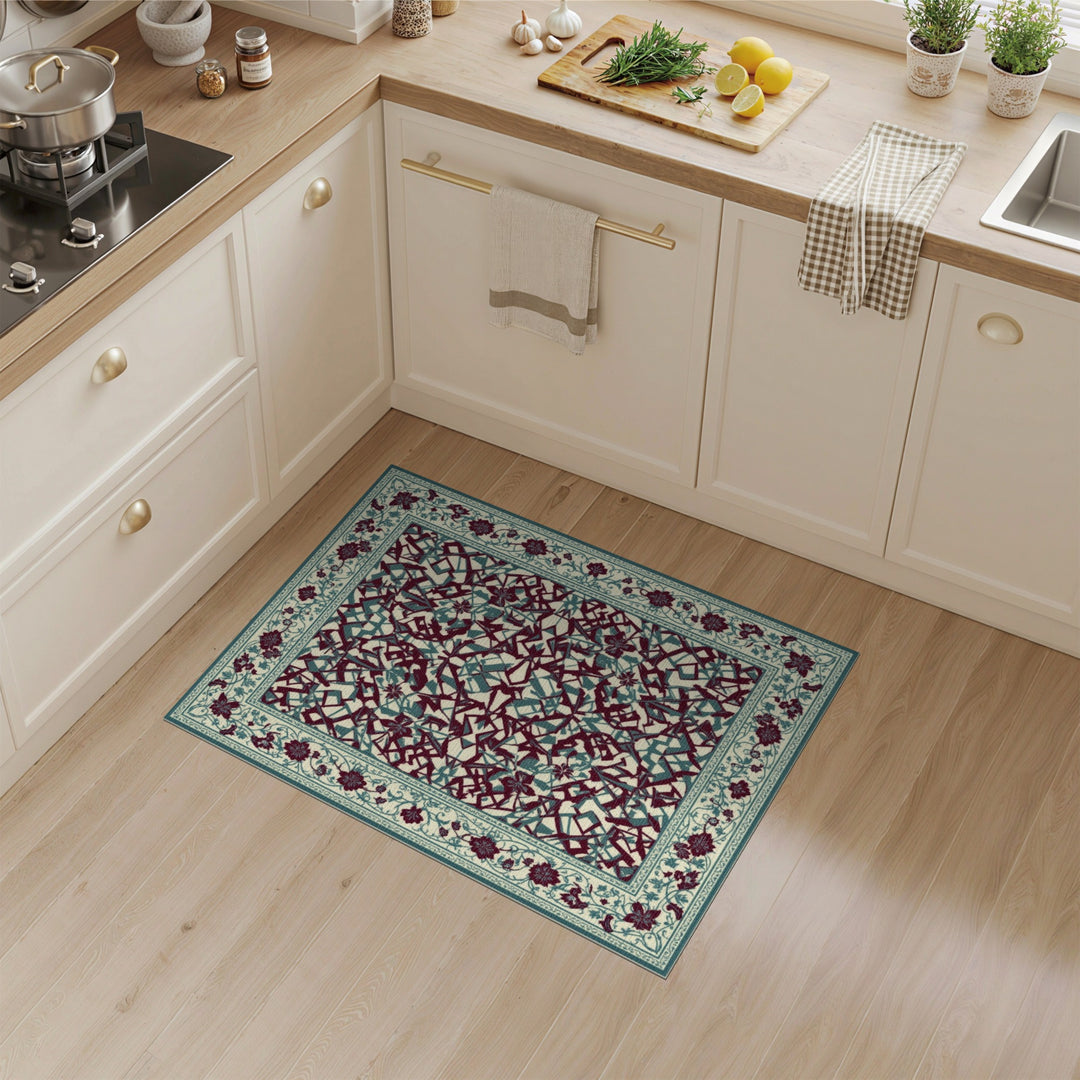 Teal Geometric Area Rug with Floral Border