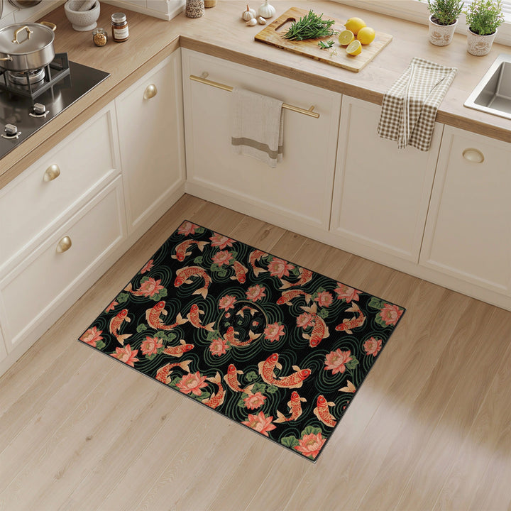 Koi Fish Lotus Black Area Rug