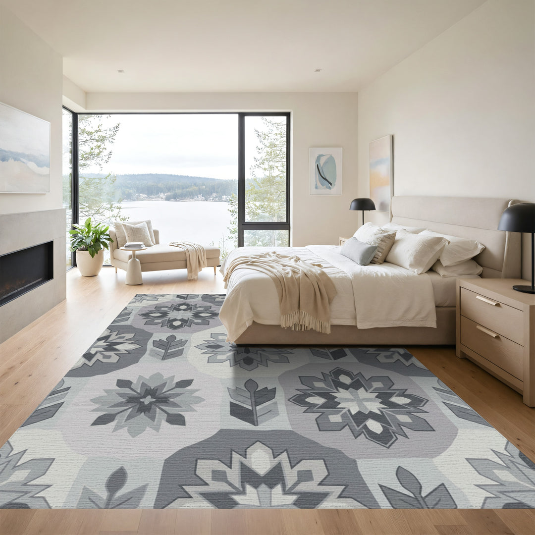 Monochromatic Geometric Floral Applique Rug
