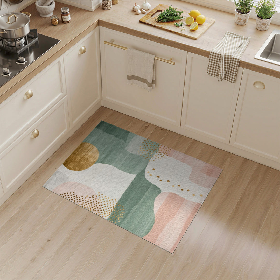 Abstract Teal Pink Gold Dot Area Rug