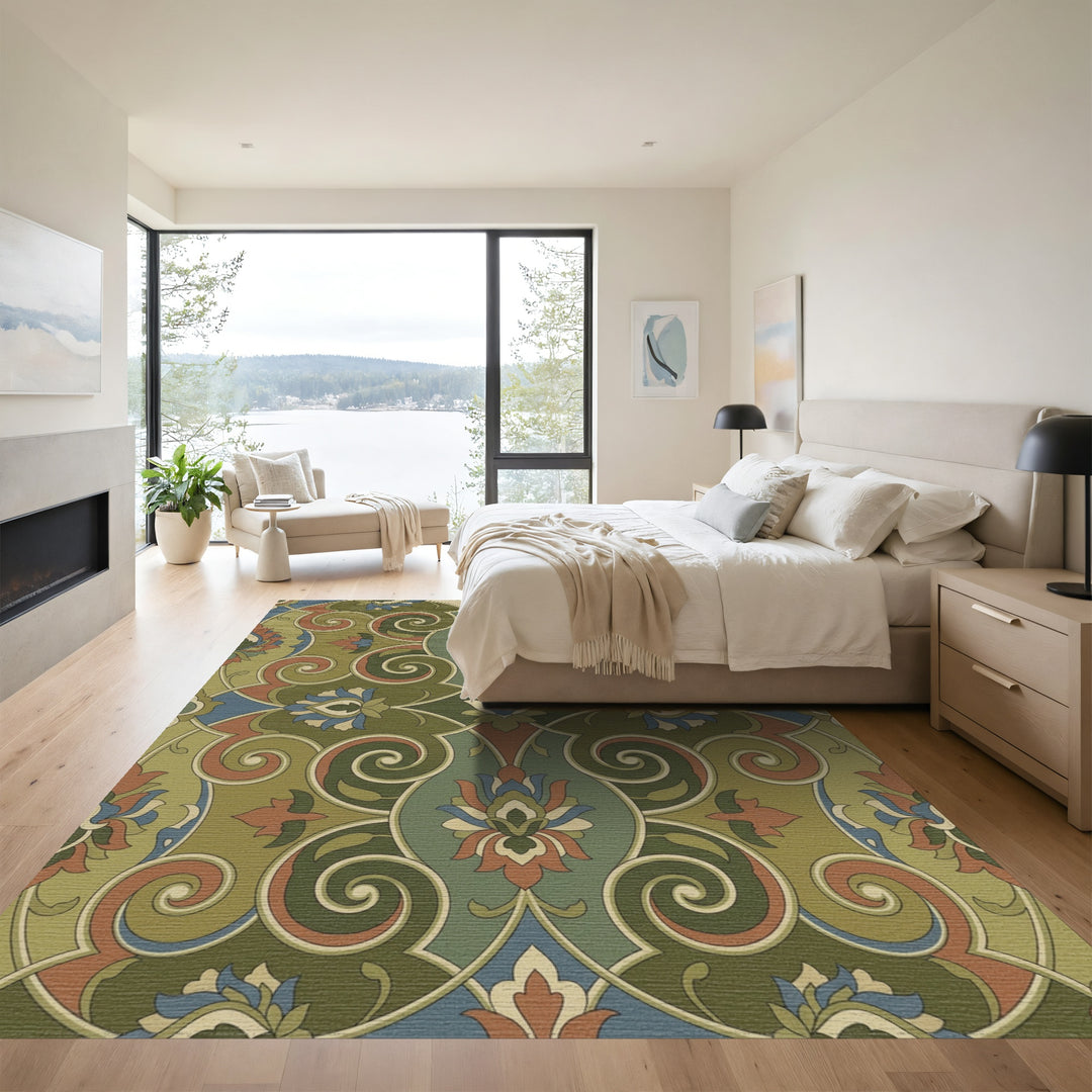 Olive Green Floral Swirl Medallion Rug