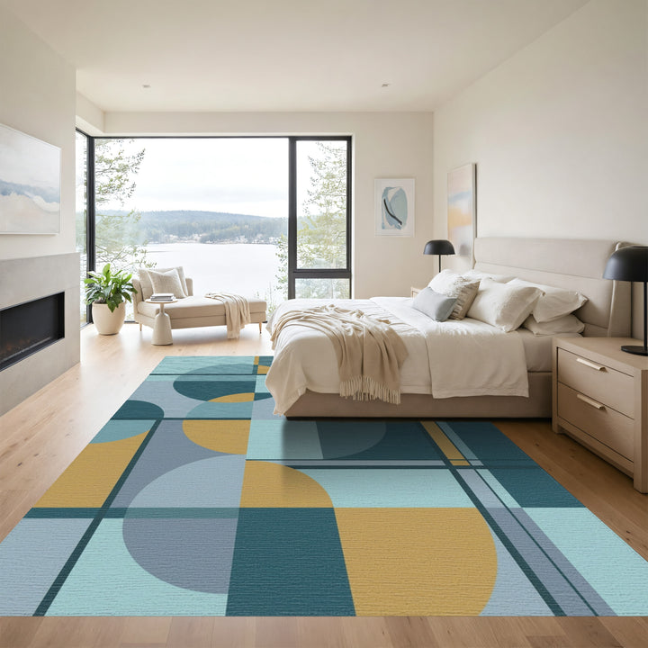 Abstract Teal Gold Geometric Circles Rug