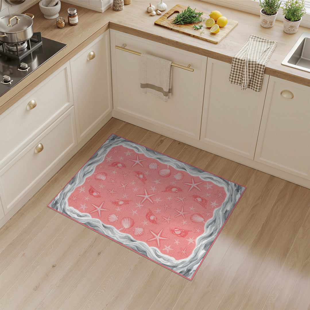 Pink Coastal Beach Pink Coastal Seashell Starfish Area Rug
