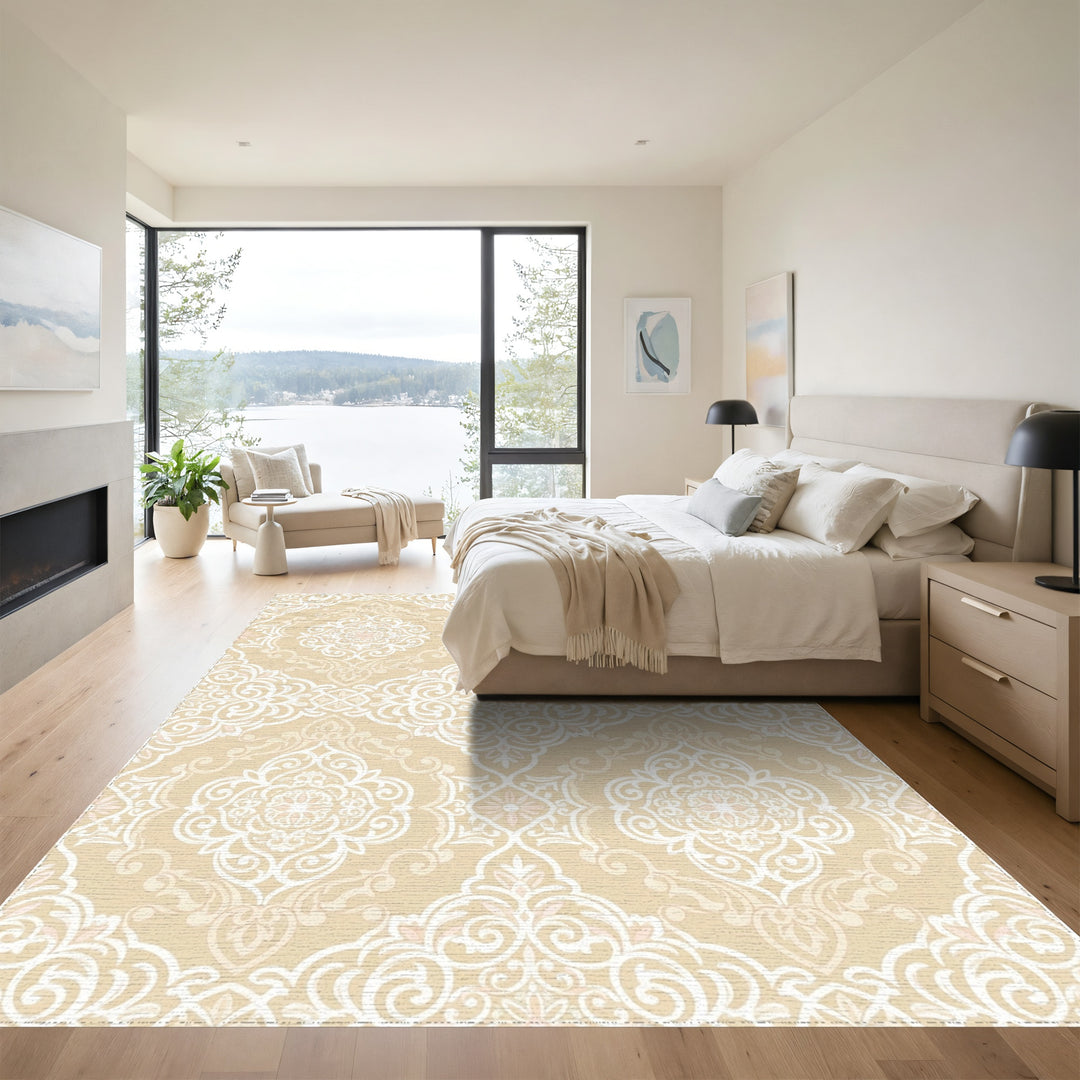 Cream White Filigree Floral Medallion Rug