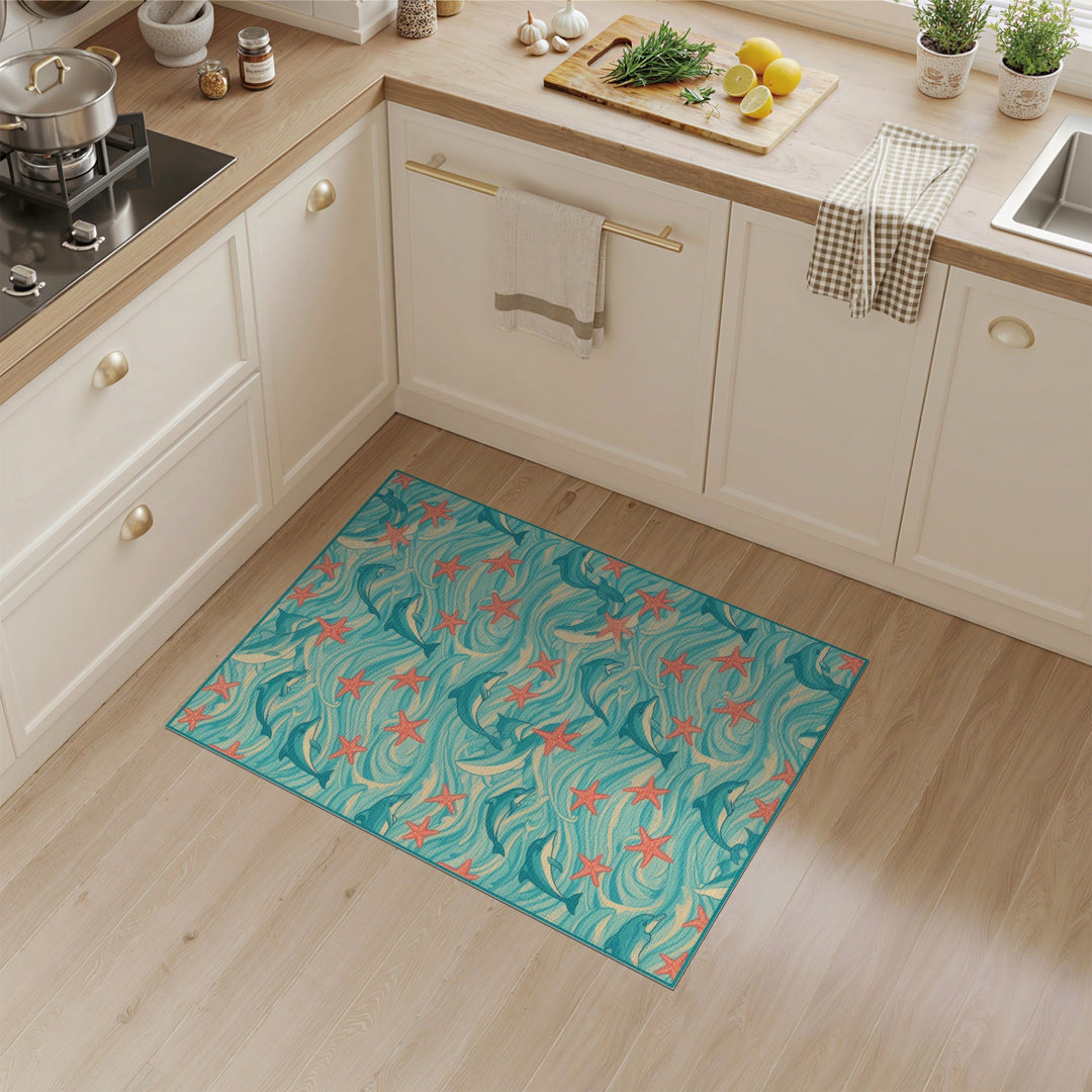 Dolphin Starfish Blue Teal Coastal Area Rug