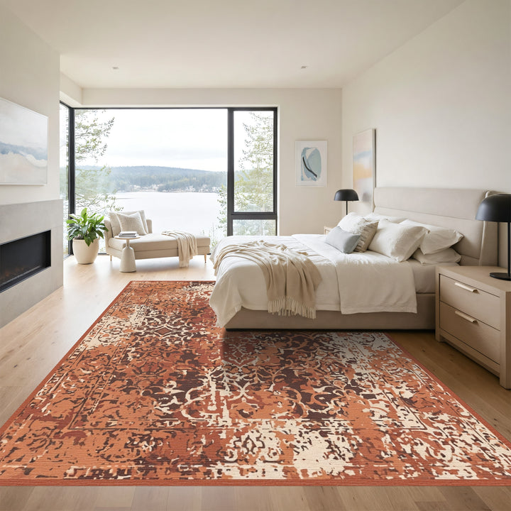 Distressed Terracotta Floral Medallion Rug