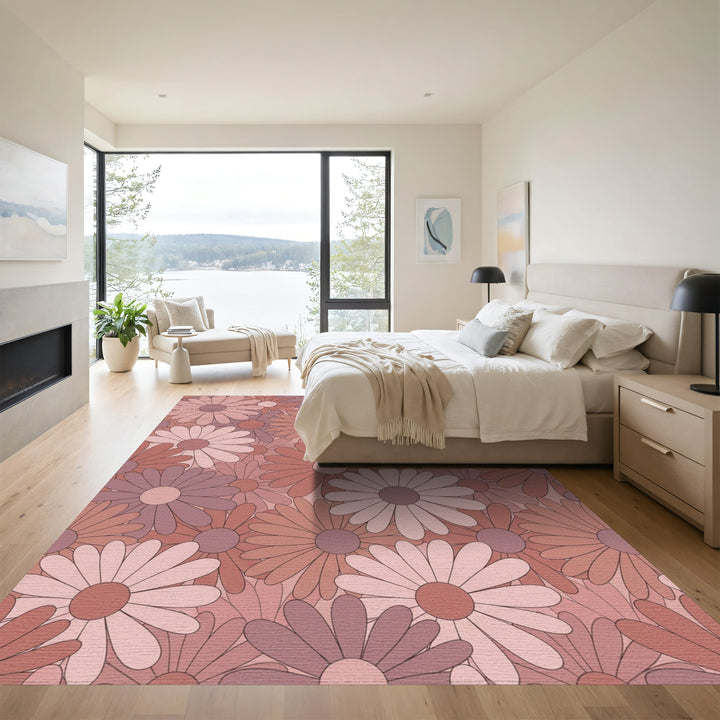 Retro Floral Blooms In Dusty Rose Rug