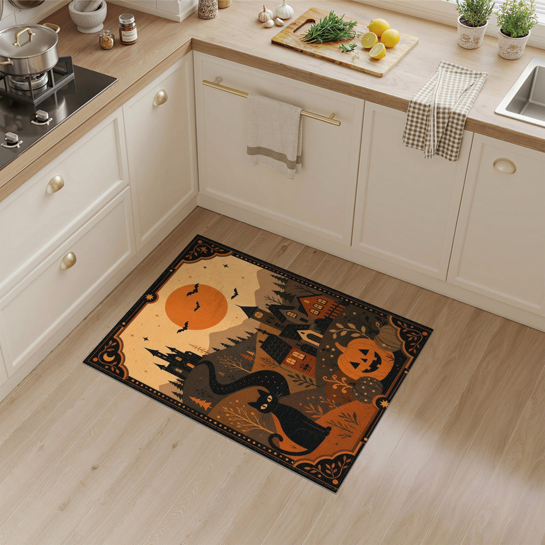 Multi-color and Patterns Black Cat Pumpkin Halloween Area Rug