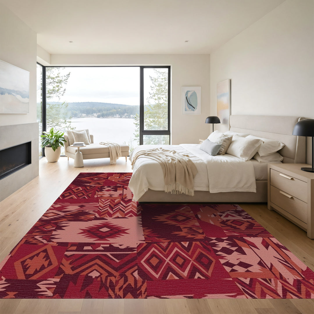 Terracotta Red Patchwork Geometric Medallion Rug