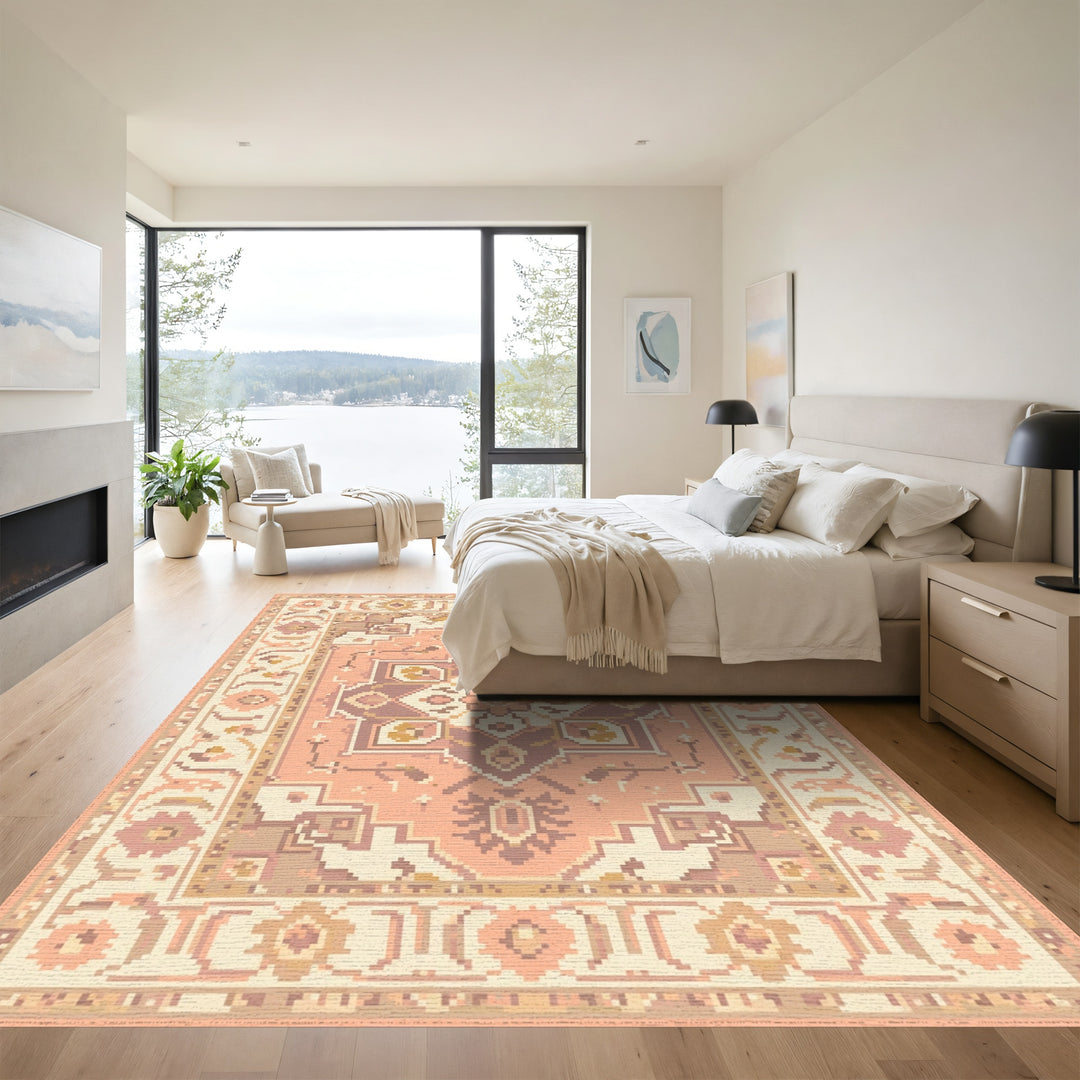 Peach Plum Floral Medallion Border Rug