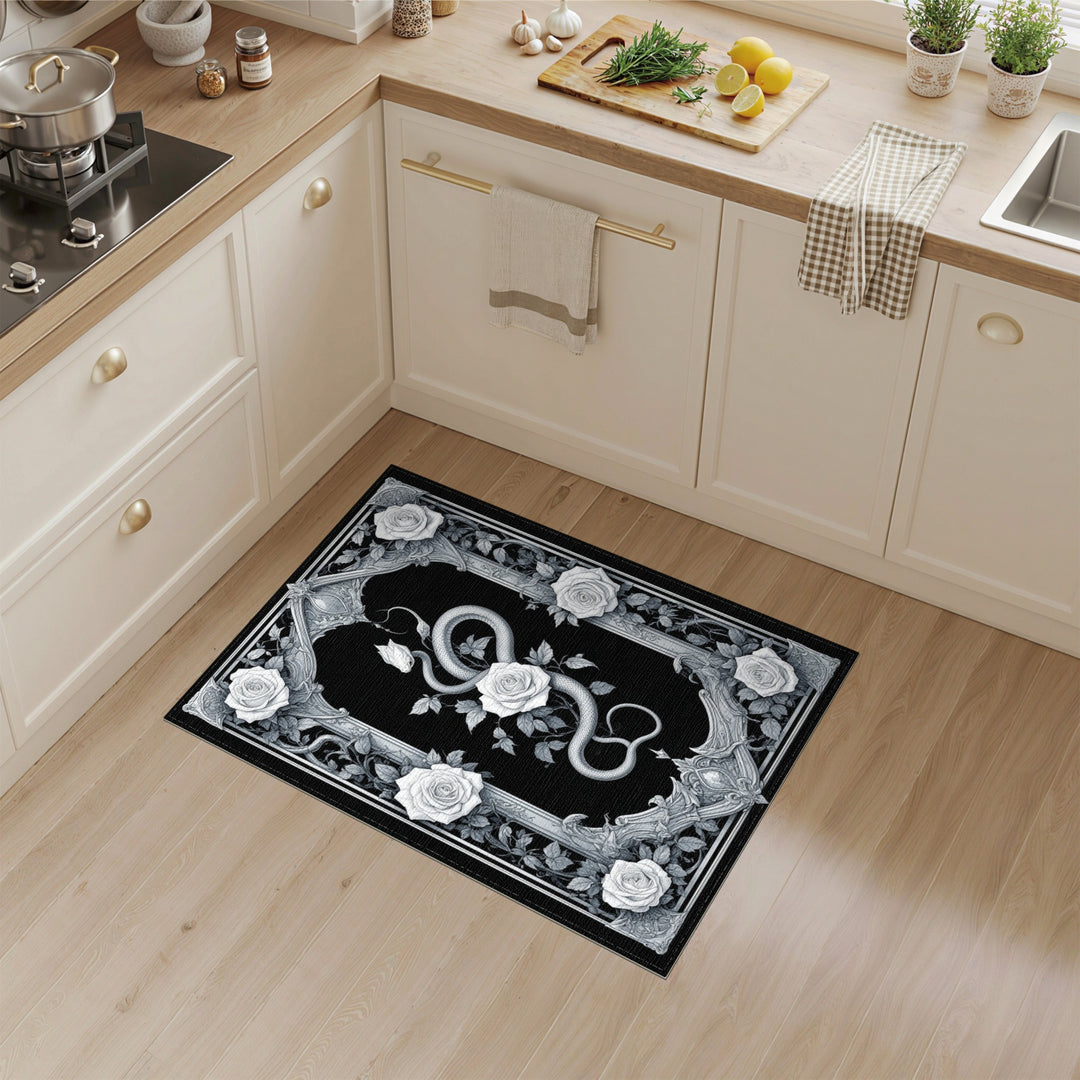 Black White Serpent Rose Ornate Area Rug
