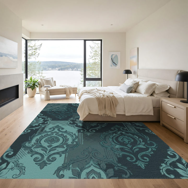 Deep Teal Damask Patchwork Rug