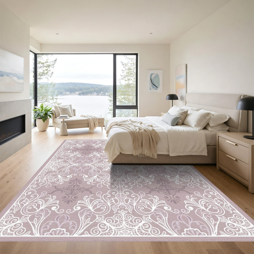 Dainty Lilac White Scrollwork Medallion Rug