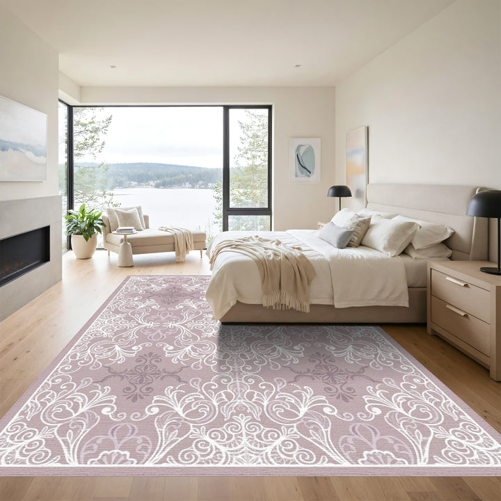 Dainty Lilac White Scrollwork Medallion Rug