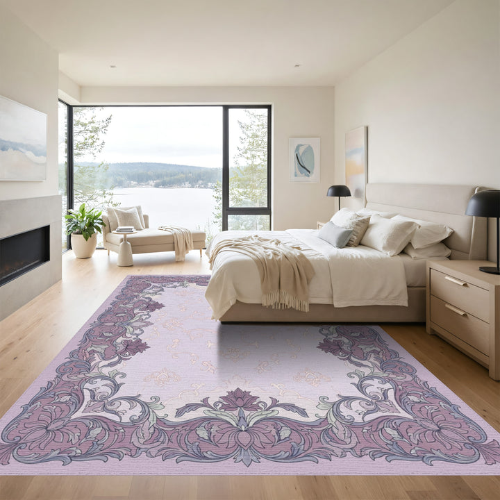 Ornate Lavender Floral Scrollwork Rug