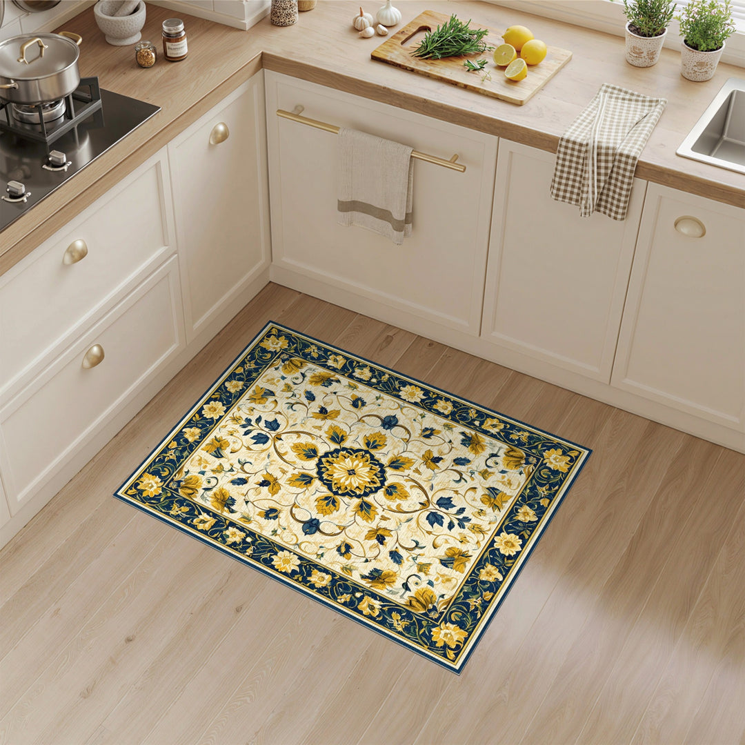 Blue and Gold Floral Medallion Area Rug