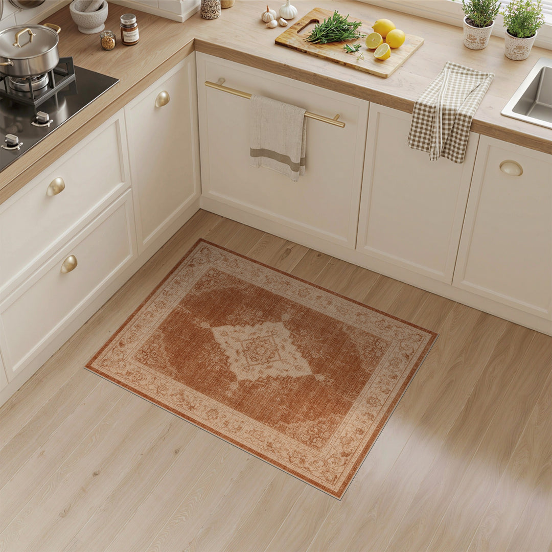 Distressed Vintage Medallion Area Rug in Brown Tan