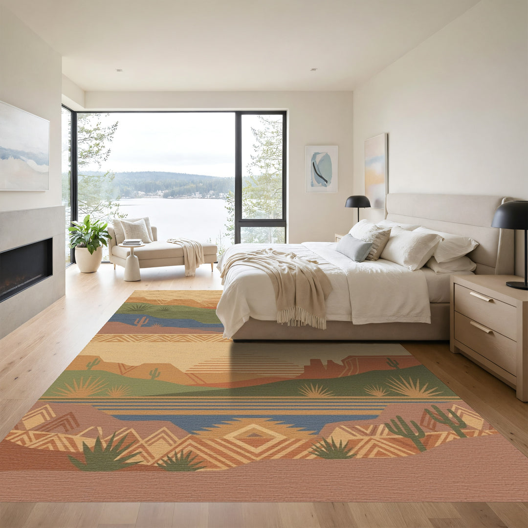 Desert Sunset Landscape with Geometric Accents Rug