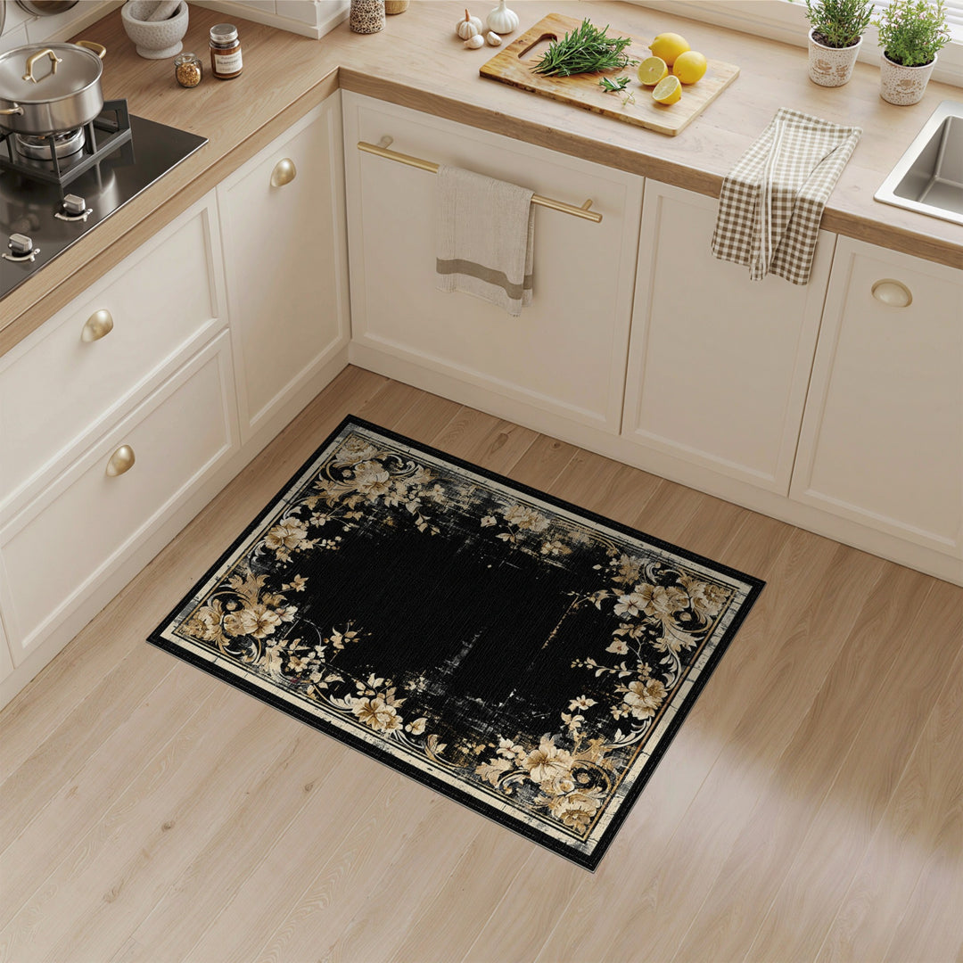 Distressed Floral Black Area Rug