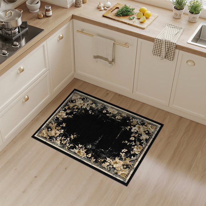 Distressed Floral Black Area Rug