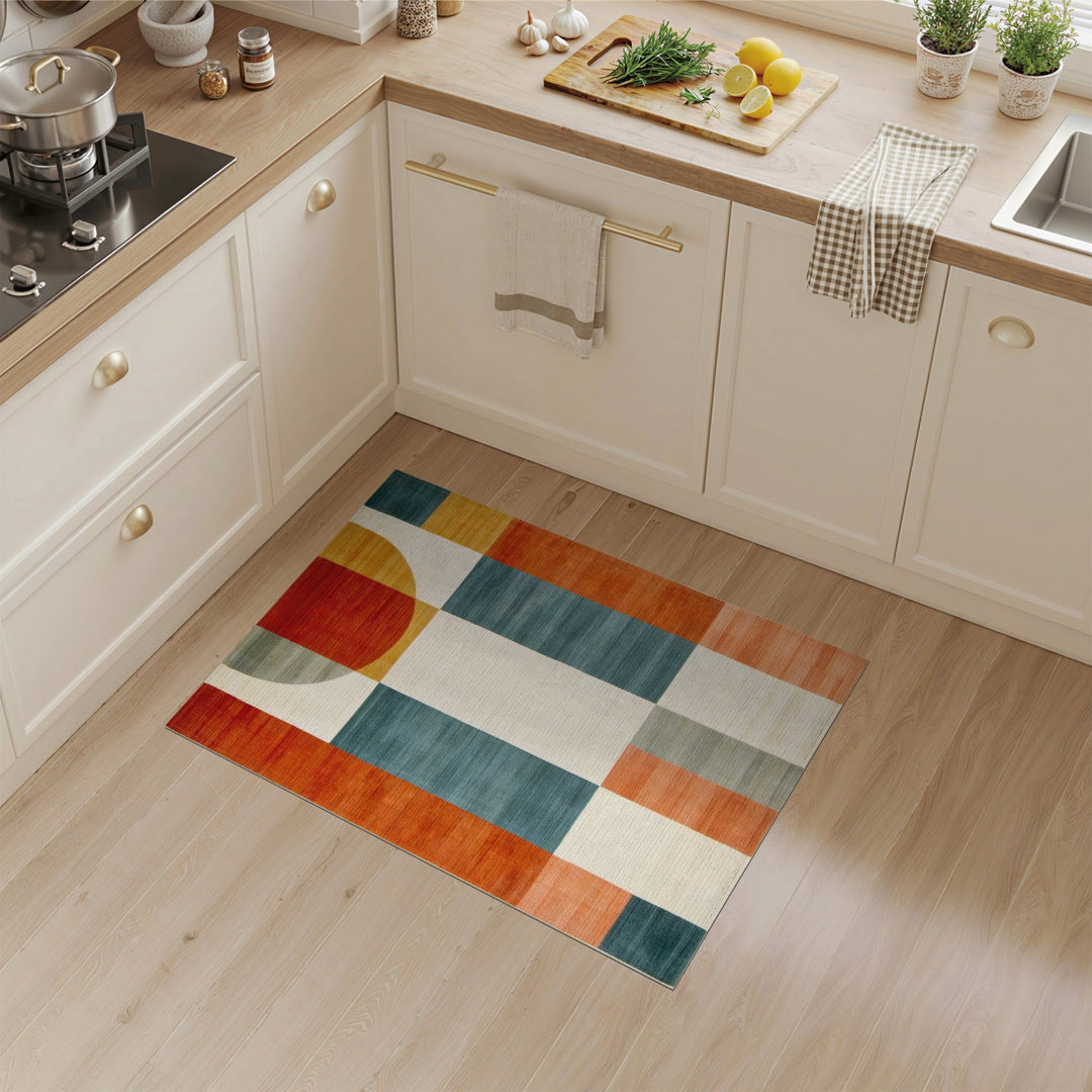 Bold Geometric Area Rug with Red Circle Motif