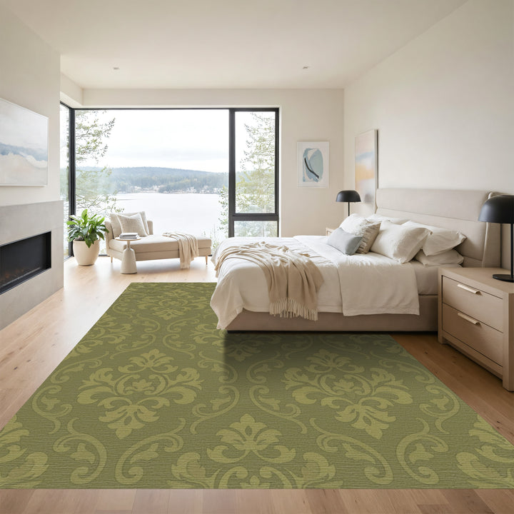 Olive Green Damask Scroll Rug