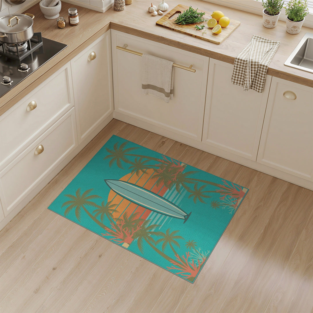 Blue and Teal Retro Surfboard Coastal Area Rug