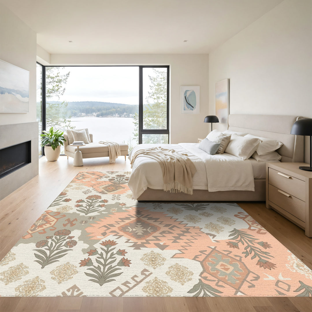 Terracotta Peach Geometric Medallion Floral Rug