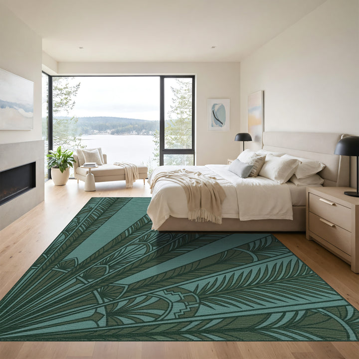 Deep Teal Feathered Fan Art Deco Rug
