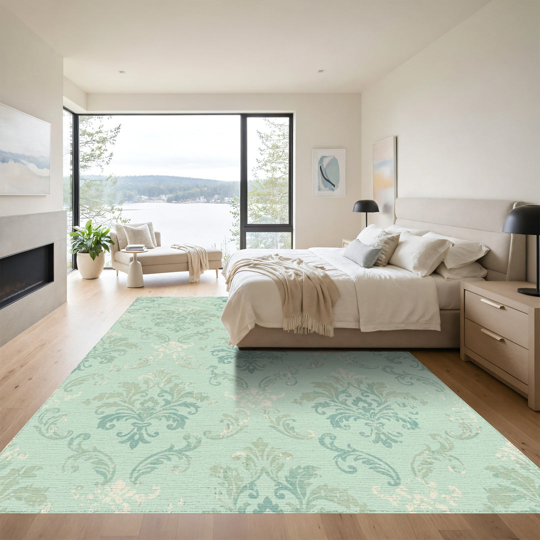 Distressed Aqua Damask Scroll Accents Rug