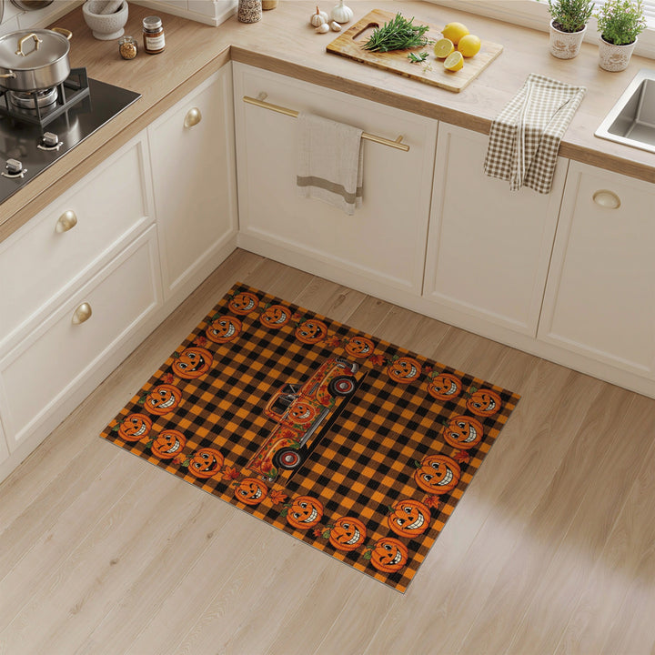 Smiling Pumpkin Truck Orange Checkered Area Rug