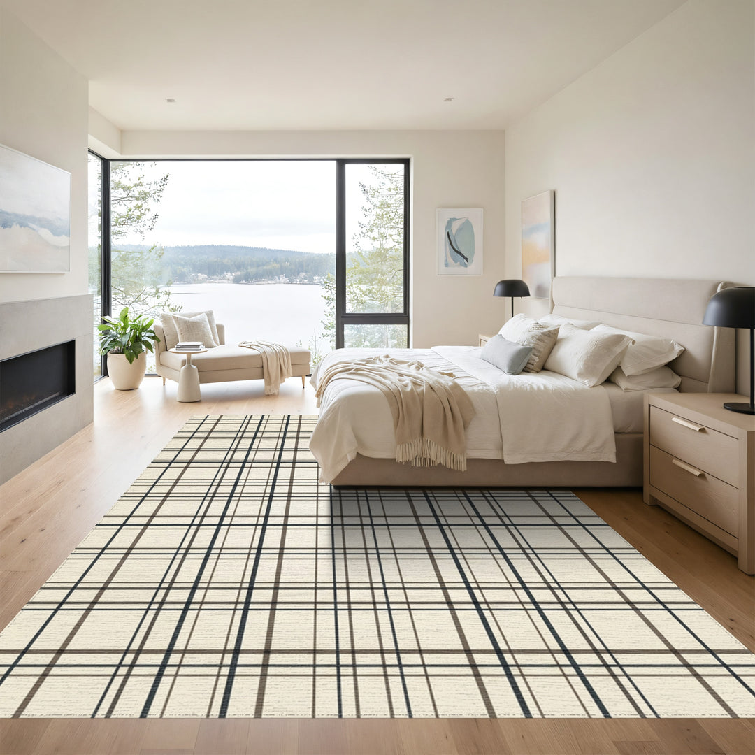Classic Beige Black Plaid Stripes Rug