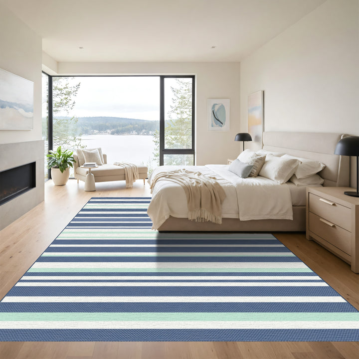Classic Blue White Green Striped Rug